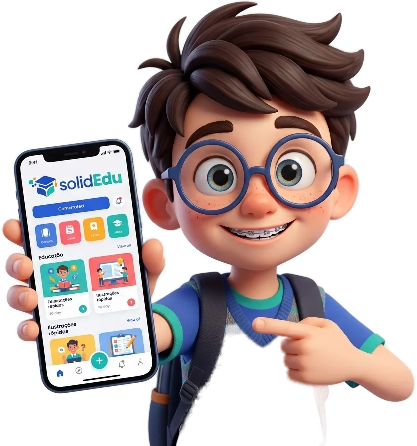 Edu, o mascote do solidEdu, sorri e aponta para o aplicativo no celular.