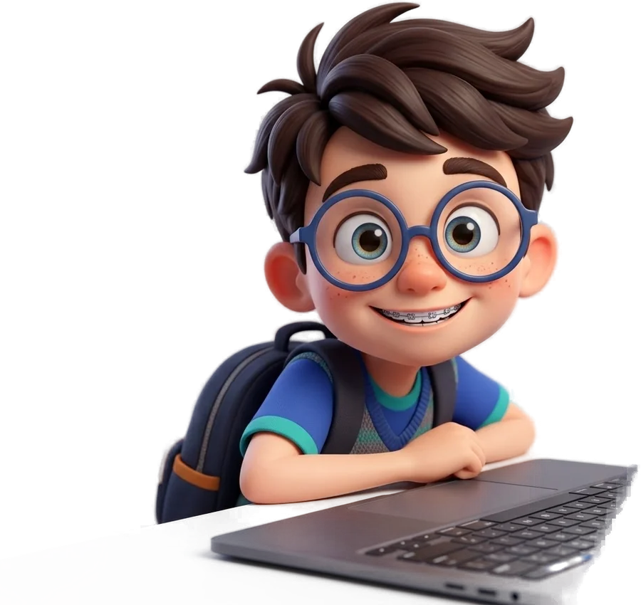 Edu, o mascote do solidEdu, sorri sentado diante de um notebook.