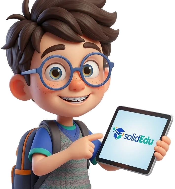 Edu, o mascote do solidEdu, mostra um tablet com a marca solidEdu.